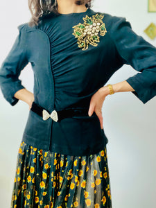Vintage 1940s black beaded rayon blouse