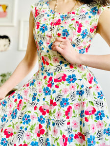 Vintage 1940s cotton pink and blue floral dress
