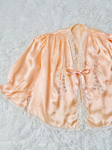 1920s Peach Color Satin Bed Jacket Embroidered Ribbon Vintage Lingerie