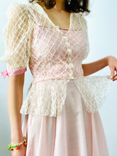 Load image into Gallery viewer, Vintage 1930s tulle lace mesh top w pink ribbon bows
