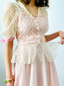 Vintage 1930s tulle lace mesh top w pink ribbon bows