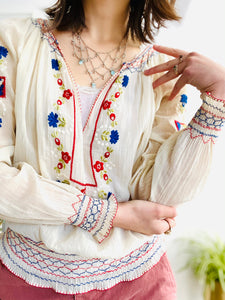 1930s Hungarian Top Cotton Embroidered Peasant Blouse
