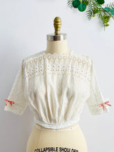 Load image into Gallery viewer, Antique Edwardian Eyelet Lace Top w Ribbon Bow 1910s Cotton Top
