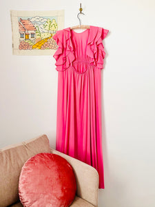 Vintage 1960s bubblegum pink ruffled full length lingerie dress