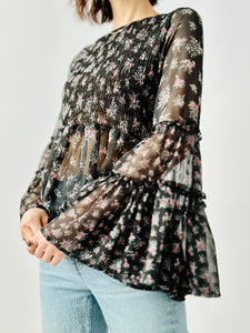Black floral blouse with bell sleeves