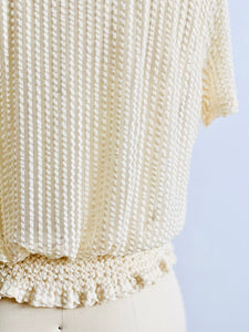 Vintage Beige Color Semi Sheer Striped Top Ruched Waist