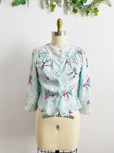Vintage 1940s pastel blue novelty print rayon blouse
