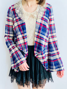 Vintage Plaid Fall Jacket with lace skirt on model 
