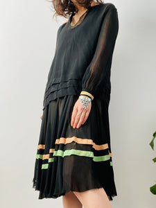 Vintage 1920s black silk dress set with pastel stripes