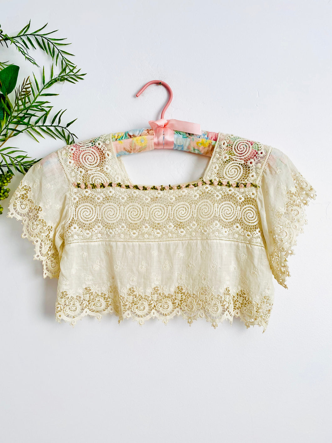 Antique 1910s lace camisole with rococo ribbon rosettes