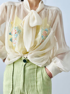Vintage cream sheer embroidered blouse