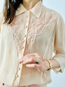 Vintage 1940s silk blouse with pink soutache trim