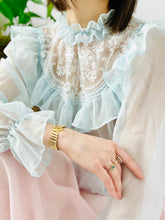 Load image into Gallery viewer, Vintage 1970s Pastel Blue Ruffled Blouse w Tulle lace
