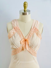 Load image into Gallery viewer, 1930s Peach Color Bias Cut Lingerie Gown with Eyelet Lace Ribbon Bow
