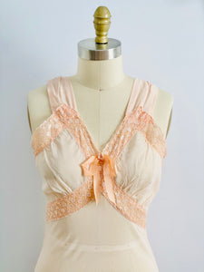 1930s Peach Color Bias Cut Lingerie Gown with Eyelet Lace Ribbon Bow
