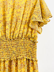 Dreamy yellow floral ruched midi dress