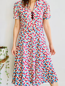 1930s Berry Print Novelty Print Dress w Celluloid Buttons