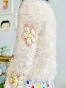 Vintage pastel pink fuzzy sweater with crochet daisies