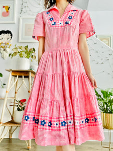 Vintage 1940s pink gingham embroidered dress