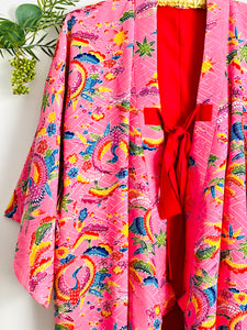 Vintage pink Japanese kimono phoenix print reversible dressing robe
