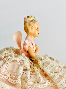 Vintage 1930s half doll pincushion with pink lace skirt