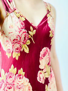 Vintage burgundy color rayon silk floral pink roses print dress