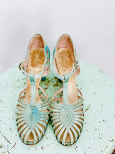 Load image into Gallery viewer, vintage 1920s pastel blue satin sandals on display
