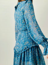Load image into Gallery viewer, Vintage Blue Floral Dress with Ruffles and Ruched Sleeves
