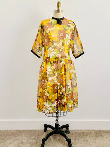 1950s Semi Sheer Yellow Daisy Print Dress Ribbon Neckline