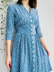 Vintage 1940s blue floral rayon ruched dress