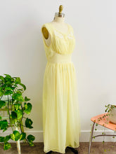Load image into Gallery viewer, 1960s Yellow sheer lingerie gown with embroidered flowers on mannequin
