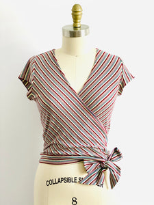 Vintage 1970s Rainbow striped V Neck Top with Side Waist Bow