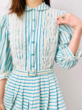 Load image into Gallery viewer, Vintage 1950s blue striped dress w balloon sleeves
