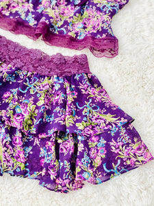 Vintage Purple Floral Lingerie Set with Lace Trim