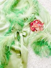 Load image into Gallery viewer, Vintage 1920s green satin robe w ostrich feathers
