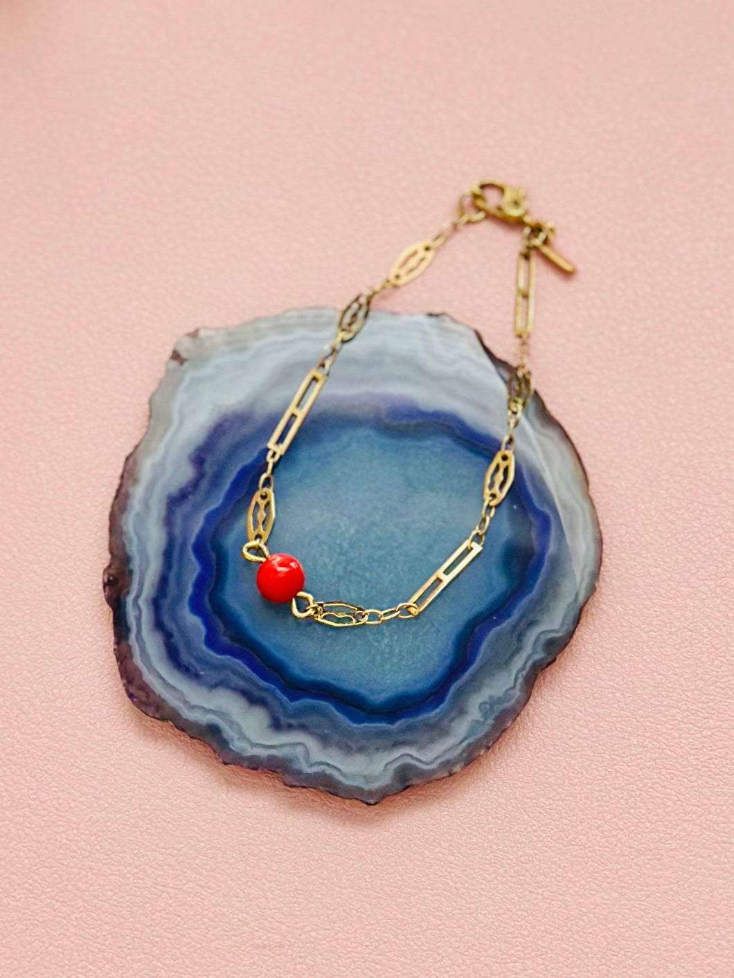 Vintage dainty gold chain coral bead bracelet