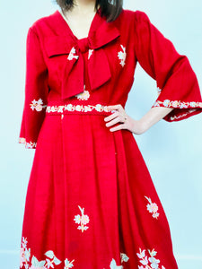 Vintage 1949s Red Embroidered Dress Oversized Ribbon Bow