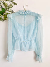 Load image into Gallery viewer, Vintage 1970s Pastel Blue Ruffled Blouse w Tulle lace

