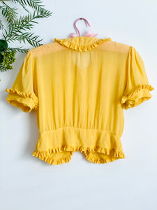Vintage 1940s mustard yellow ruffled silk top