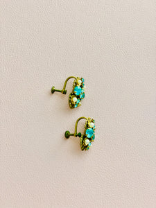 Vintage Blue Earrings w Rhinestones and Pearls