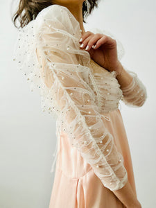 White pearl beaded ruched tulle top