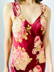 Vintage burgundy color rayon silk floral pink roses print dress