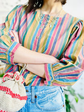 Load image into Gallery viewer, Vintage rainbow stripes blouse w balloon sleeves
