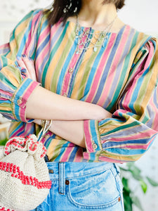 Vintage rainbow stripes blouse w balloon sleeves