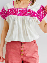 Load image into Gallery viewer, Vintage Purple Color Embroidered Birds Cotton Top on model 
