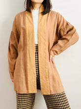 Load image into Gallery viewer, Vintage 1960s caramel color linen leather duster w ruched dolman sleeves

