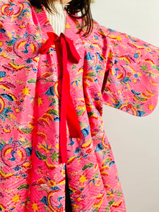 Vintage pink Japanese kimono phoenix print reversible dressing robe