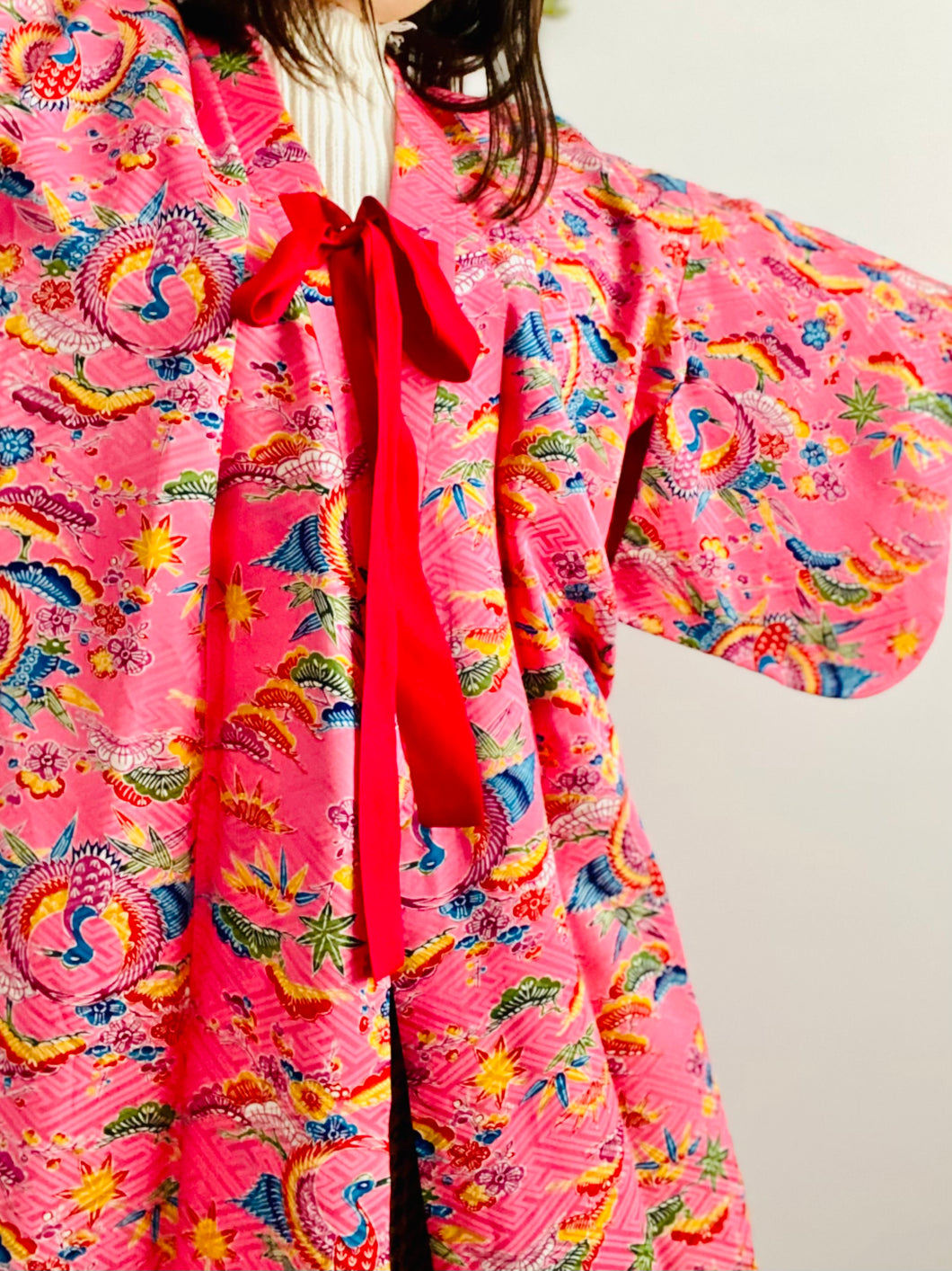 Vintage pink Japanese kimono phoenix print reversible dressing robe