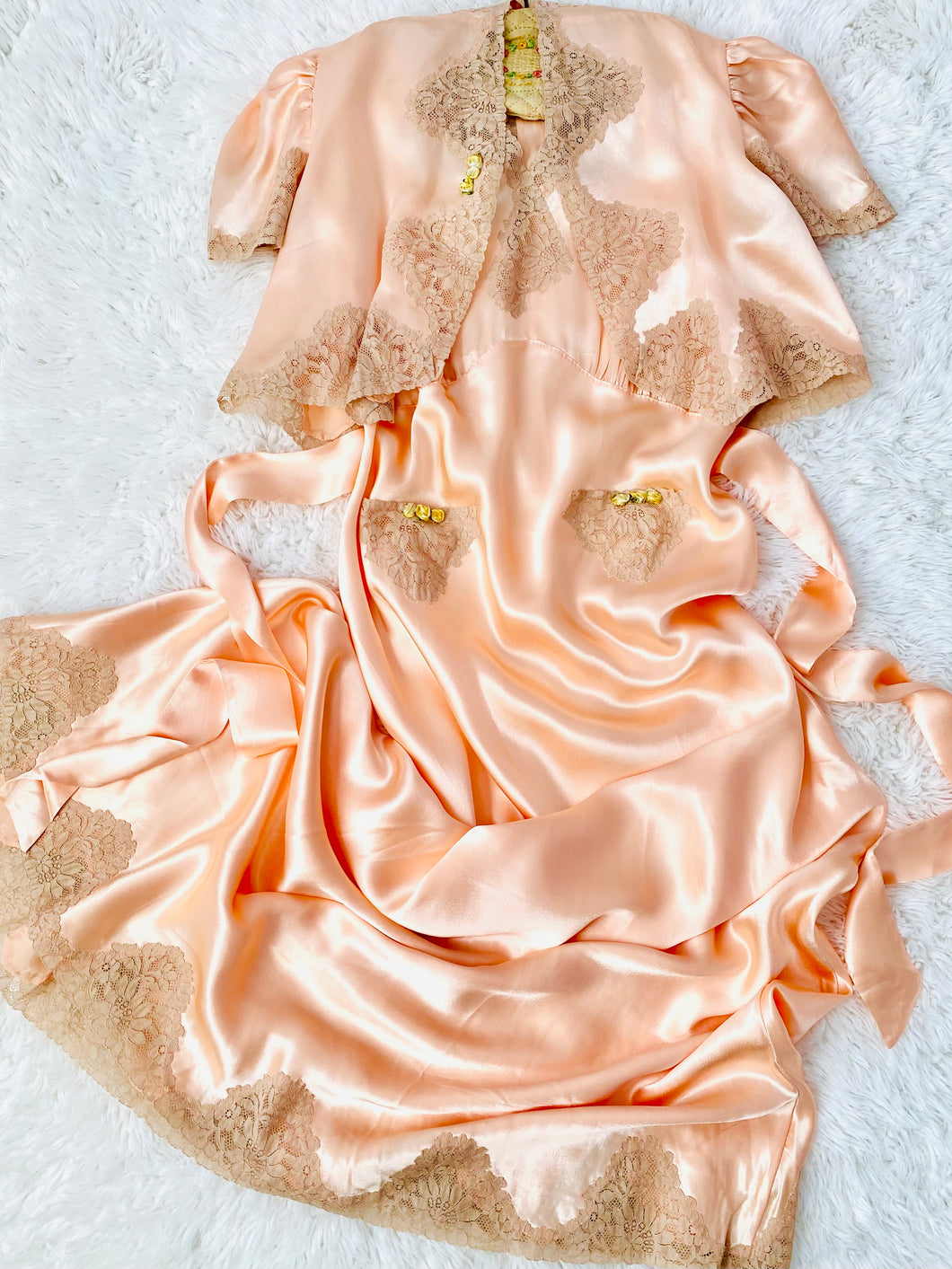 Vintage 1930s Pink Satin Lace Lingerie Dress Set w Ribbon Flowers