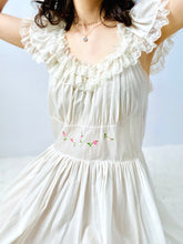 Load image into Gallery viewer, Vintage 1940s white cotton dress with ruffled lace and embroidery
